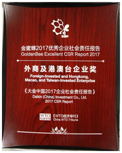 贺电：大金空调荣获“金蜜蜂2017优秀企业社会责任”奖